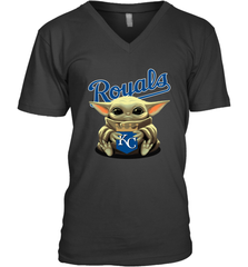 Baby Yoda Hugs Loves The Kansas City Royals Baseball Mens V-Neck T-Shirt Mens V-Neck T-Shirt - VeigarTee