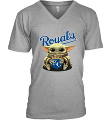 Baby Yoda Hugs Loves The Kansas City Royals Baseball Mens V-Neck T-Shirt Mens V-Neck T-Shirt - VeigarTee