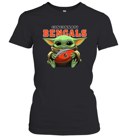 Baby Yoda Loves The Cincinnati Bengals Star Wars Baby Yoda Hugs Bengals NFL Womens T-Shirt Womens T-Shirt / Black / XS Womens T-Shirt - VeigarTee