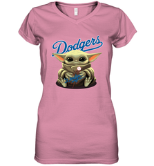 Baby Yoda Hugs Loves The Los Angeles Dodgers Baseball Womens V-Neck T-Shirt Womens V-Neck T-Shirt - VeigarTee