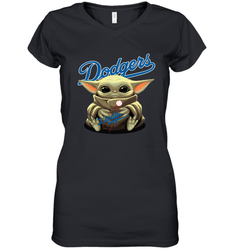 Baby Yoda Hugs Loves The Los Angeles Dodgers Baseball Womens V-Neck T-Shirt