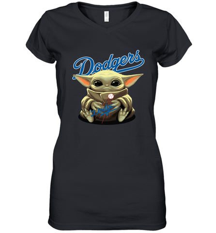 Baby Yoda Hugs Loves The Los Angeles Dodgers Baseball Womens V-Neck T-Shirt Womens V-Neck T-Shirt / Black / S Womens V-Neck T-Shirt - VeigarTee