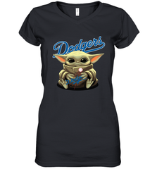 Baby Yoda Hugs Loves The Los Angeles Dodgers Baseball Womens V-Neck T-Shirt Womens V-Neck T-Shirt - VeigarTee