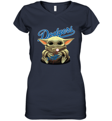 Baby Yoda Hugs Loves The Los Angeles Dodgers Baseball Womens V-Neck T-Shirt