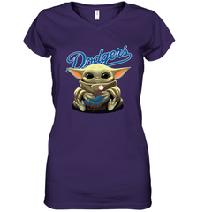 Baby Yoda Hugs Loves The Los Angeles Dodgers Baseball Womens V-Neck T-Shirt Womens V-Neck T-Shirt - VeigarTee