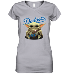 Baby Yoda Hugs Loves The Los Angeles Dodgers Baseball Womens V-Neck T-Shirt Womens V-Neck T-Shirt - VeigarTee