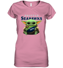 Baby Yoda Loves The Seattle Seahawks Star Wars Baby Yoda Hugs Seahawks NFL Womens V-Neck T-Shirt Womens V-Neck T-Shirt - VeigarTee