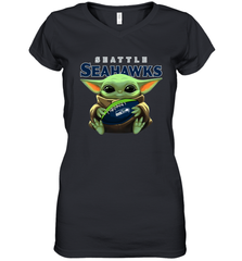 Baby Yoda Loves The Seattle Seahawks Star Wars Baby Yoda Hugs Seahawks NFL Womens V-Neck T-Shirt Womens V-Neck T-Shirt - VeigarTee