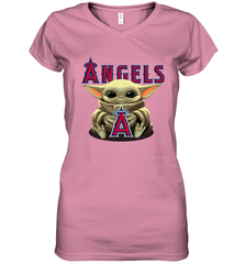 Baby Yoda Hugs Loves The Los Angeles Angels Baseball Womens V-Neck T-Shirt Womens V-Neck T-Shirt - VeigarTee