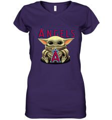 Baby Yoda Hugs Loves The Los Angeles Angels Baseball Womens V-Neck T-Shirt Womens V-Neck T-Shirt - VeigarTee