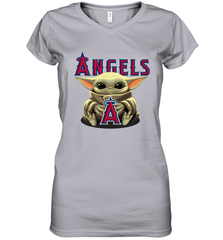 Baby Yoda Hugs Loves The Los Angeles Angels Baseball Womens V-Neck T-Shirt Womens V-Neck T-Shirt - VeigarTee