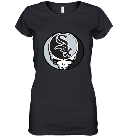 Chicago White Sox Grateful Dead Steal Your Face Baseball Womens V-Neck T-Shirt Womens V-Neck T-Shirt / Black / S Womens V-Neck T-Shirt - VeigarTee
