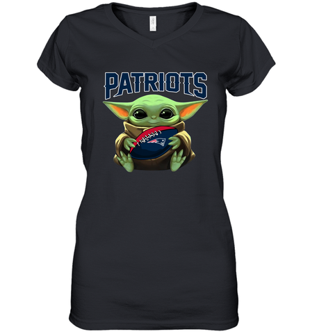 Baby Yoda Loves The New England Patriots Star Wars Baby Yoda Hugs Patriots NFL Womens V-Neck T-Shirt Womens V-Neck T-Shirt / Black / S Womens V-Neck T-Shirt - VeigarTee