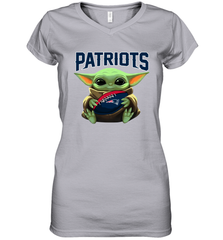 Baby Yoda Loves The New England Patriots Star Wars Baby Yoda Hugs Patriots NFL Womens V-Neck T-Shirt Womens V-Neck T-Shirt - VeigarTee