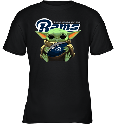Baby Yoda Loves The Los Angeles Rams Star Wars Baby Yoda Hugs Rams NFL Youth T-Shirt Youth T-Shirt / Black / XS Youth T-Shirt - VeigarTee