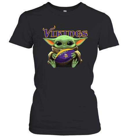 Baby Yoda Loves The Minnesota Vikings Star Wars Baby Yoda Hugs Vikings NFL Womens T-Shirt Womens T-Shirt / Black / XS Womens T-Shirt - VeigarTee