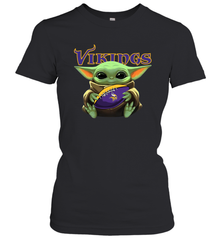 Baby Yoda Loves The Minnesota Vikings Star Wars Baby Yoda Hugs Vikings NFL Womens T-Shirt Womens T-Shirt - VeigarTee