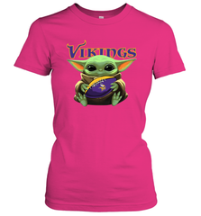Baby Yoda Loves The Minnesota Vikings Star Wars Baby Yoda Hugs Vikings NFL Womens T-Shirt Womens T-Shirt - VeigarTee
