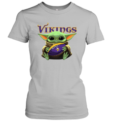 Baby Yoda Loves The Minnesota Vikings Star Wars Baby Yoda Hugs Vikings NFL Womens T-Shirt Womens T-Shirt - VeigarTee