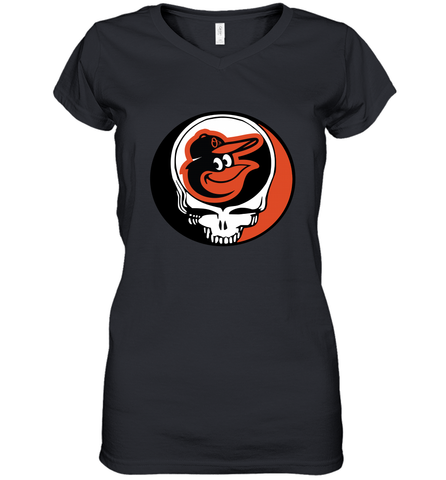 Baltimore Orioles Grateful Dead Steal Your Face Baseball Womens V-Neck T-Shirt Womens V-Neck T-Shirt / Black / S Womens V-Neck T-Shirt - VeigarTee