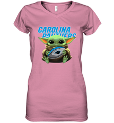 Baby Yoda Loves The Carolina Panthers Star Wars Baby Yoda Hugs Panthers NFL Womens V-Neck T-Shirt Womens V-Neck T-Shirt - VeigarTee