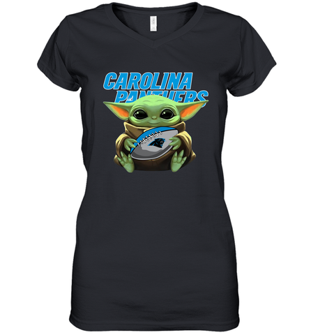 Baby Yoda Loves The Carolina Panthers Star Wars Baby Yoda Hugs Panthers NFL Womens V-Neck T-Shirt Womens V-Neck T-Shirt / Black / S Womens V-Neck T-Shirt - VeigarTee