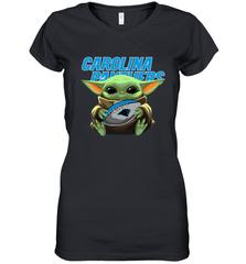Baby Yoda Loves The Carolina Panthers Star Wars Baby Yoda Hugs Panthers NFL Womens V-Neck T-Shirt Womens V-Neck T-Shirt - VeigarTee