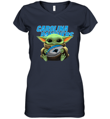 Baby Yoda Loves The Carolina Panthers Star Wars Baby Yoda Hugs Panthers NFL Womens V-Neck T-Shirt Womens V-Neck T-Shirt - VeigarTee