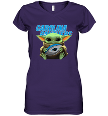 Baby Yoda Loves The Carolina Panthers Star Wars Baby Yoda Hugs Panthers NFL Womens V-Neck T-Shirt Womens V-Neck T-Shirt - VeigarTee