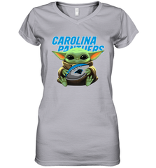 Baby Yoda Loves The Carolina Panthers Star Wars Baby Yoda Hugs Panthers NFL Womens V-Neck T-Shirt Womens V-Neck T-Shirt - VeigarTee