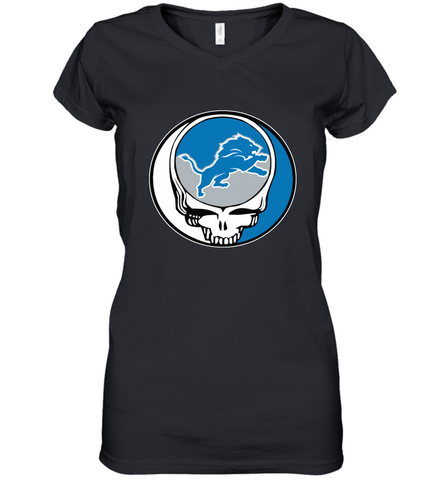 Detroit Lions Grateful Dead Steal Your Face NFL Football Womens V-Neck T-Shirt Womens V-Neck T-Shirt / Black / S Womens V-Neck T-Shirt - VeigarTee