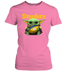 Baby Yoda Loves The Pittsburgh Steelers Star Wars Baby Yoda Hugs Steelers NFL Womens T-Shirt Womens T-Shirt - VeigarTee