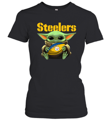 Baby Yoda Loves The Pittsburgh Steelers Star Wars Baby Yoda Hugs Steelers NFL Womens T-Shirt
