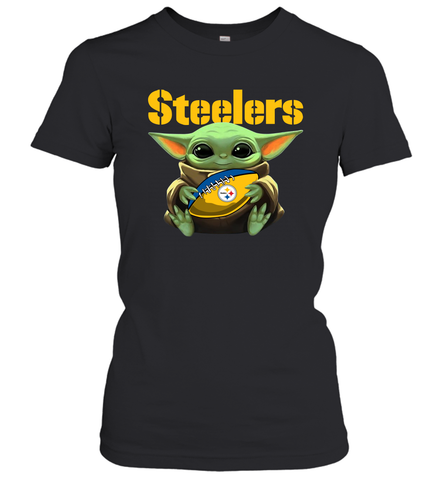Baby Yoda Loves The Pittsburgh Steelers Star Wars Baby Yoda Hugs Steelers NFL Womens T-Shirt Womens T-Shirt / Black / XS Womens T-Shirt - VeigarTee