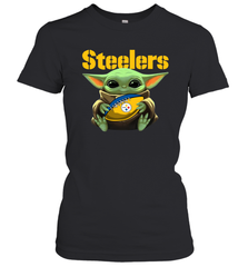 Baby Yoda Loves The Pittsburgh Steelers Star Wars Baby Yoda Hugs Steelers NFL Womens T-Shirt Womens T-Shirt - VeigarTee