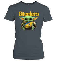 Baby Yoda Loves The Pittsburgh Steelers Star Wars Baby Yoda Hugs Steelers NFL Womens T-Shirt Womens T-Shirt - VeigarTee