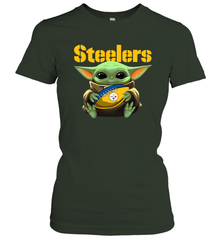 Baby Yoda Loves The Pittsburgh Steelers Star Wars Baby Yoda Hugs Steelers NFL Womens T-Shirt Womens T-Shirt - VeigarTee