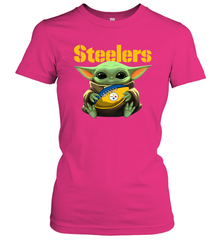 Baby Yoda Loves The Pittsburgh Steelers Star Wars Baby Yoda Hugs Steelers NFL Womens T-Shirt Womens T-Shirt - VeigarTee