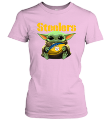 Baby Yoda Loves The Pittsburgh Steelers Star Wars Baby Yoda Hugs Steelers NFL Womens T-Shirt Womens T-Shirt - VeigarTee