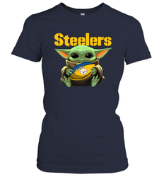 Baby Yoda Loves The Pittsburgh Steelers Star Wars Baby Yoda Hugs Steelers NFL Womens T-Shirt