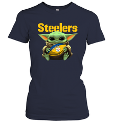 Baby Yoda Loves The Pittsburgh Steelers Star Wars Baby Yoda Hugs Steelers NFL Womens T-Shirt Womens T-Shirt - VeigarTee