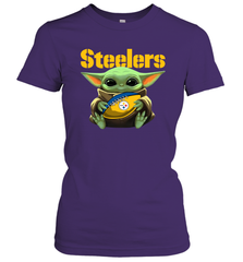 Baby Yoda Loves The Pittsburgh Steelers Star Wars Baby Yoda Hugs Steelers NFL Womens T-Shirt Womens T-Shirt - VeigarTee