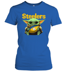 Baby Yoda Loves The Pittsburgh Steelers Star Wars Baby Yoda Hugs Steelers NFL Womens T-Shirt Womens T-Shirt - VeigarTee