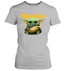 Baby Yoda Loves The Pittsburgh Steelers Star Wars Baby Yoda Hugs Steelers NFL Womens T-Shirt Womens T-Shirt - VeigarTee