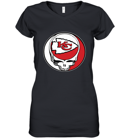 Kansas City Chiefs Grateful Dead Steal Your Face NFL Football Womens V-Neck T-Shirt Womens V-Neck T-Shirt / Black / S Womens V-Neck T-Shirt - VeigarTee