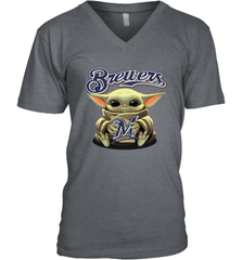 Baby Yoda Hugs Loves The Milwaukee Brewers Baseball Mens V-Neck T-Shirt Mens V-Neck T-Shirt - VeigarTee