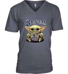Baby Yoda Hugs Loves The Milwaukee Brewers Baseball Mens V-Neck T-Shirt Mens V-Neck T-Shirt - VeigarTee