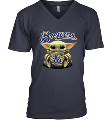 Baby Yoda Hugs Loves The Milwaukee Brewers Baseball Mens V-Neck T-Shirt Mens V-Neck T-Shirt - VeigarTee