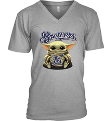 Baby Yoda Hugs Loves The Milwaukee Brewers Baseball Mens V-Neck T-Shirt Mens V-Neck T-Shirt - VeigarTee
