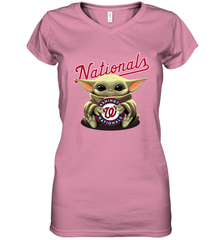 Baby Yoda Hugs Loves The Washington Nationals Baseball Womens V-Neck T-Shirt Womens V-Neck T-Shirt - VeigarTee